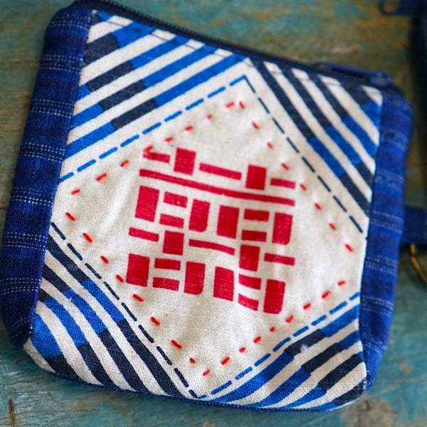 Hand-printed Fabric Small Zipper Pouch, Double Happiness Card & Coin Purse