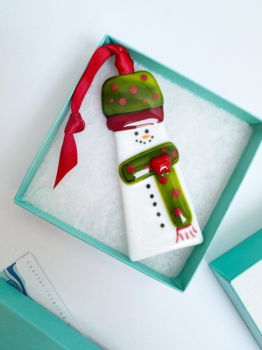 Snowman Tree Decoration-Green-Fused Glass