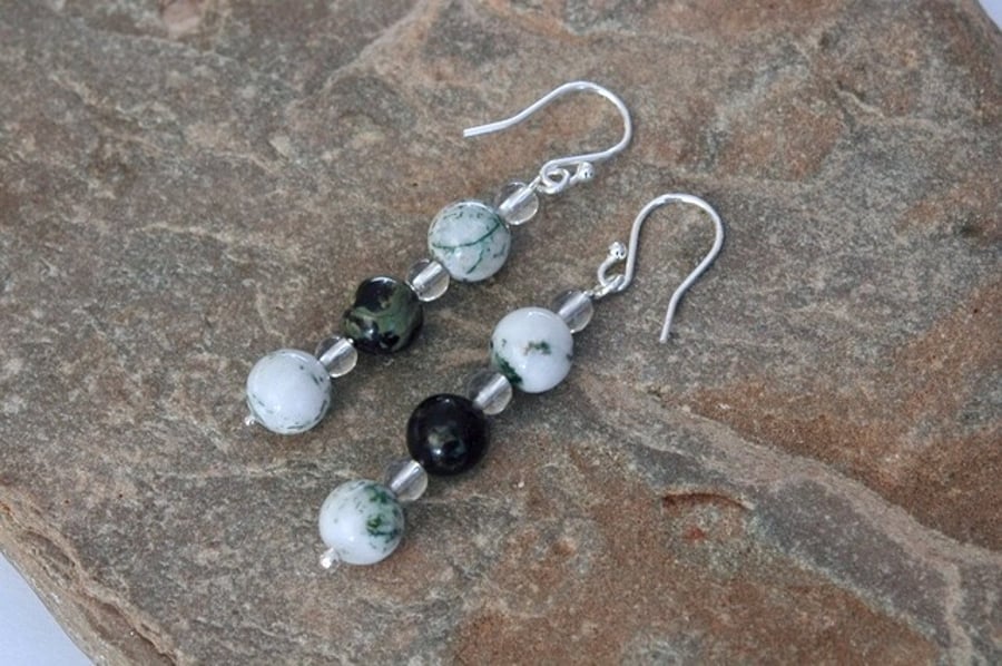 Sterling Silver Drop Earrings with Moss Agate and Jasper