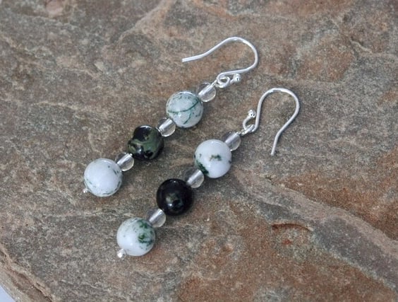 Sterling Silver Drop Earrings with Moss Agate and Jasper