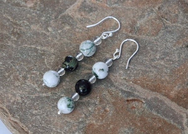 Sterling Silver Drop Earrings with Moss Agate and Jasper