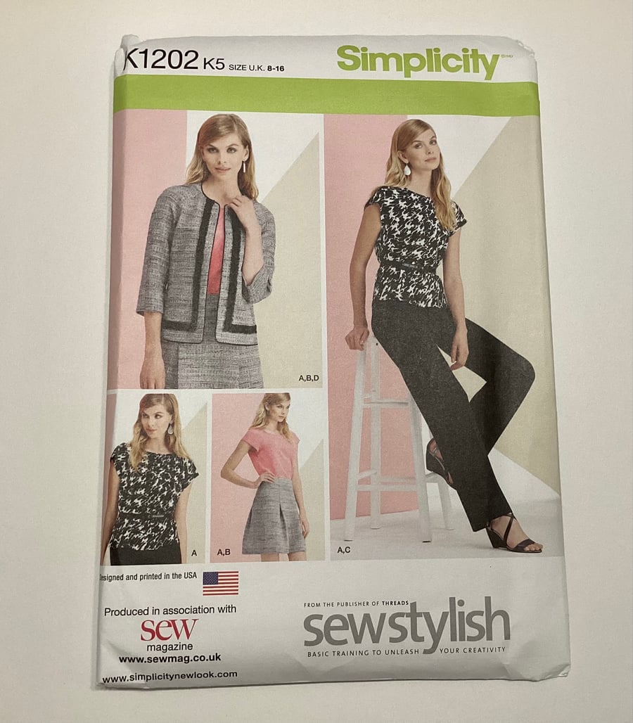 Sewing pattern, uncut, Simplicity K1202, top, jacket, trousers, skirt.