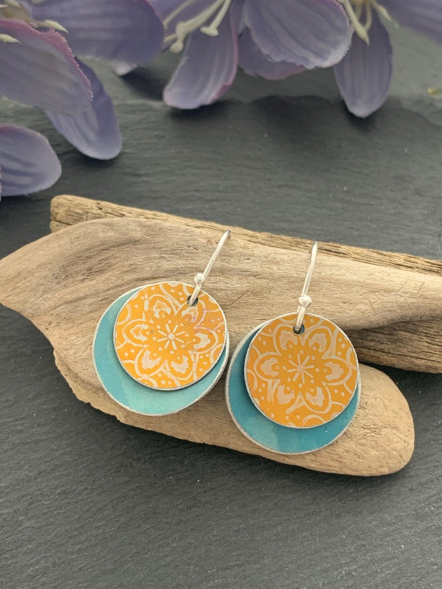 Water colour collection- hand painted aluminium earrings teal and orange
