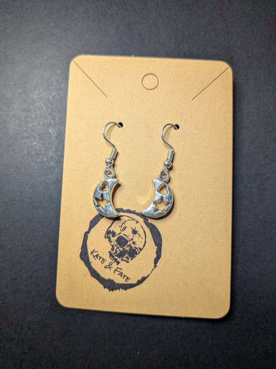 Silver Crescent Moon & Star Dangle Earrings - Handcrafted Celestial Jewellery
