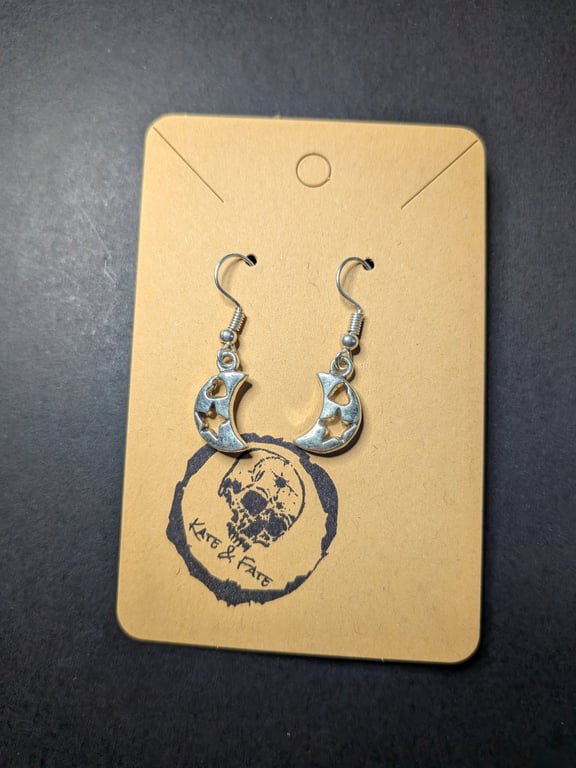 Silver Crescent Moon & Star Dangle Earrings - Handcrafted Celestial Jewellery