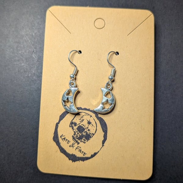 Silver Crescent Moon & Star Dangle Earrings - Handcrafted Celestial Jewellery