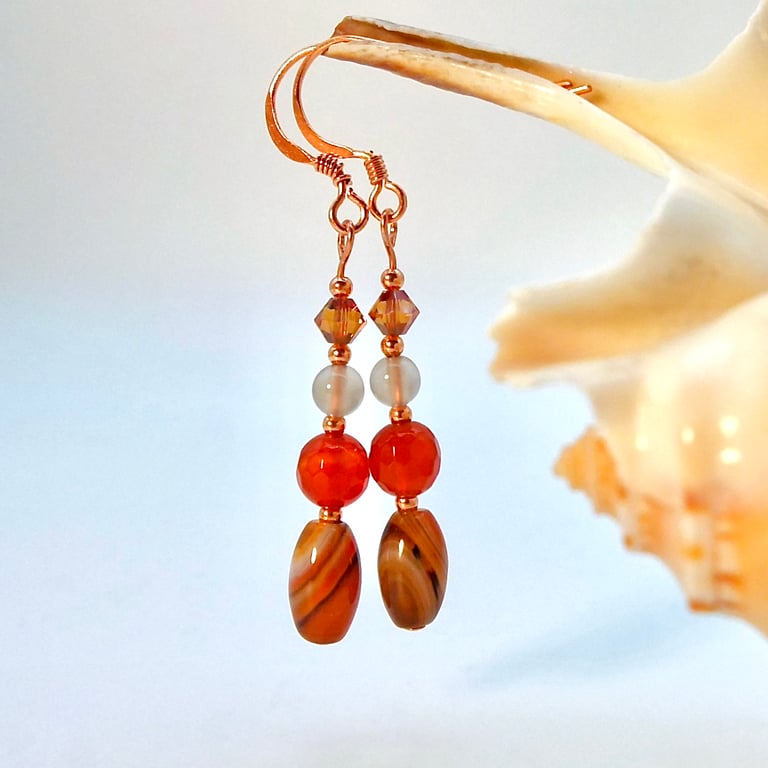 Agate, Carnelian & Swarovski Crystal Copper Earrings, Jewellery Gifts For Her
