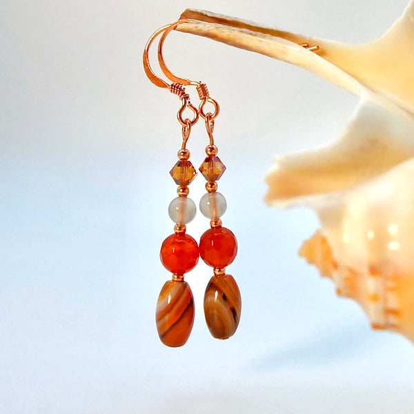 Agate, Carnelian & Swarovski Crystal Copper Earrings, Jewellery Gifts For Her