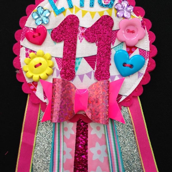 Birthday badge-Rosette - bunting - glitter number