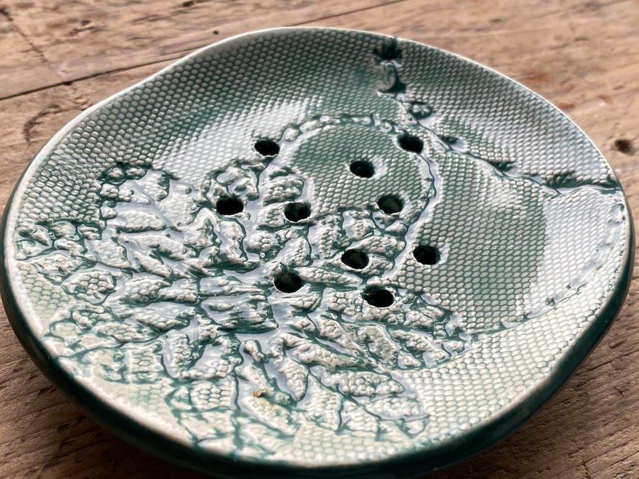 Pottery Soap Dish Handmade Green Crochet dish with Drainage