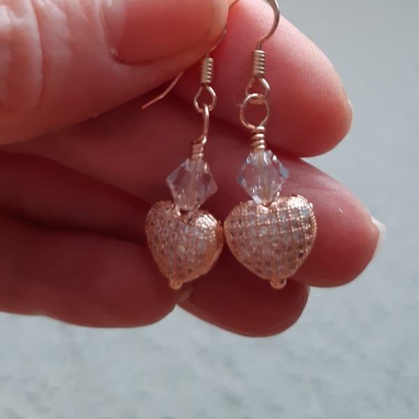 Crystal heart Earrings Rose Gold Vermeil Ear Wires