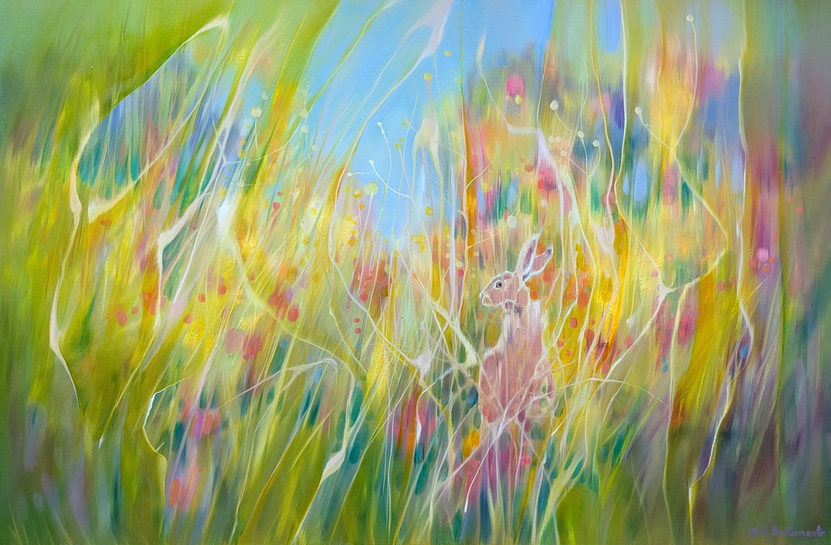 Meadow Born - a semi-abstract wildflower meadow painting with a hare 