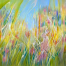 Meadow Born - a semi-abstract wildflower meadow painting with a hare 