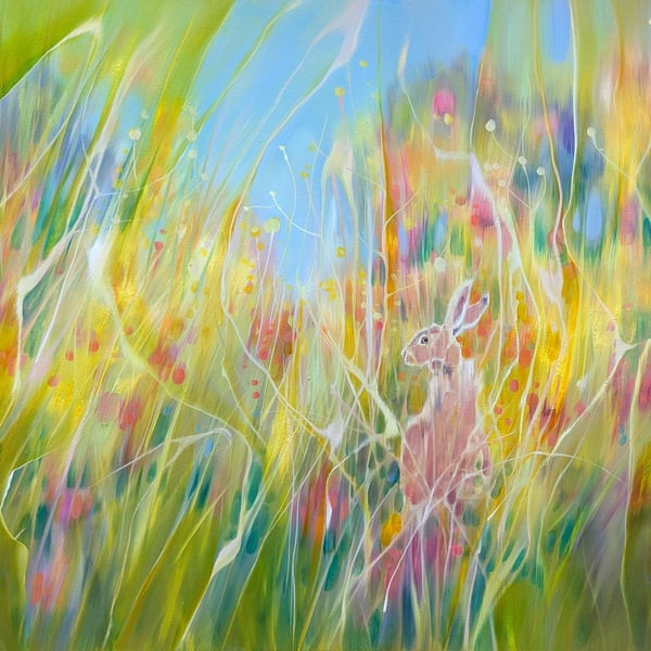 Meadow Born - a semi-abstract wildflower meadow painting with a hare 
