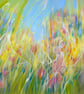 Meadow Born - a semi-abstract wildflower meadow painting with a hare 