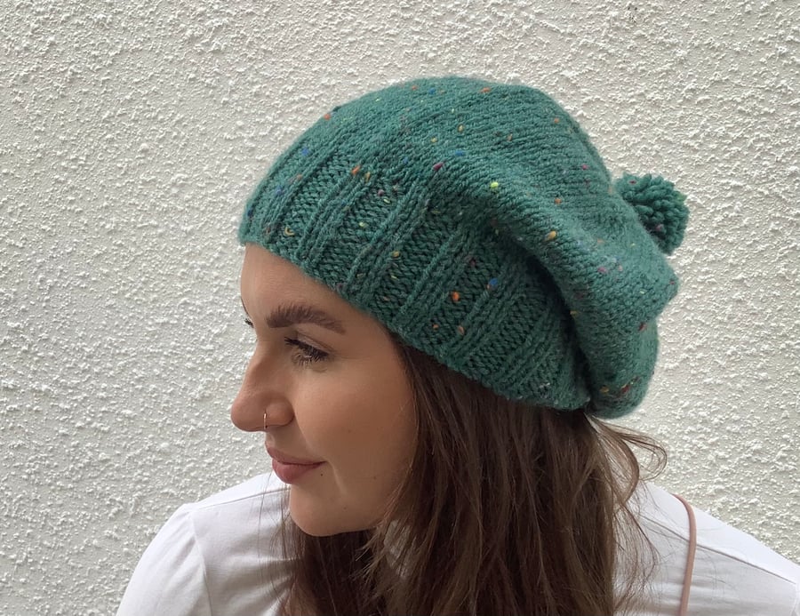 SLOUCH HAT  with pom-pom .'Delphine' . Wool blend .'Green .Tweed.