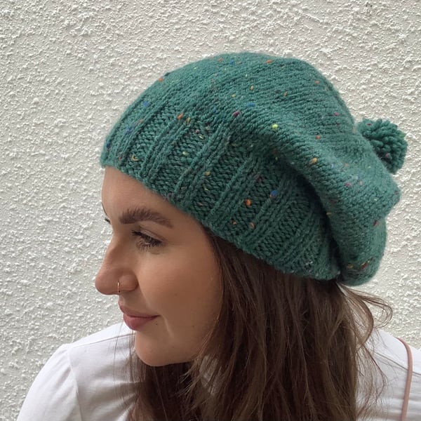 SLOUCH HAT  with pom-pom .'Delphine' . Wool blend .'Green .Tweed.