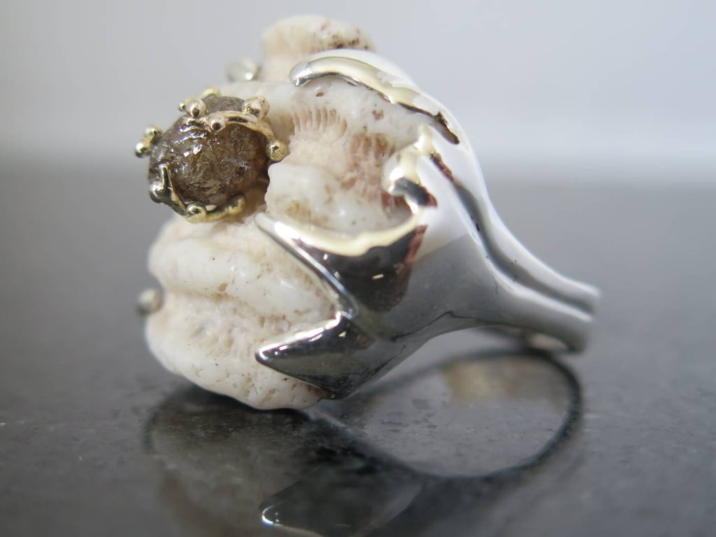 Silver Cocktail ring with natural coral and raw diamond set in 9ct gold