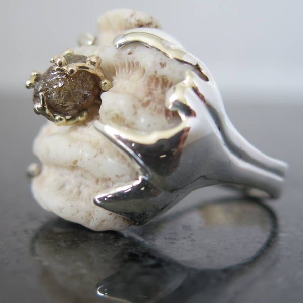 Silver Cocktail ring with natural coral and raw diamond set in 9ct gold