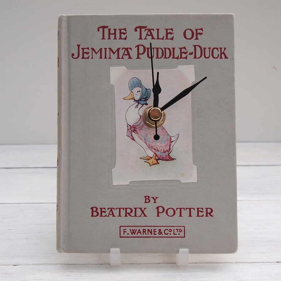 Jemima Puddle-Duck pale grey book clock made from the Beatrix Potter favourite