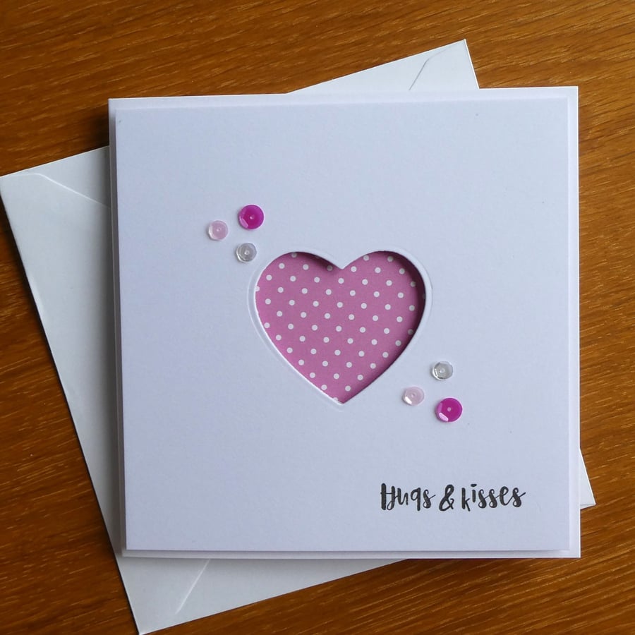 Hugs and Kisses Card - Bright Pink and White Polka Dot Heart Aperture