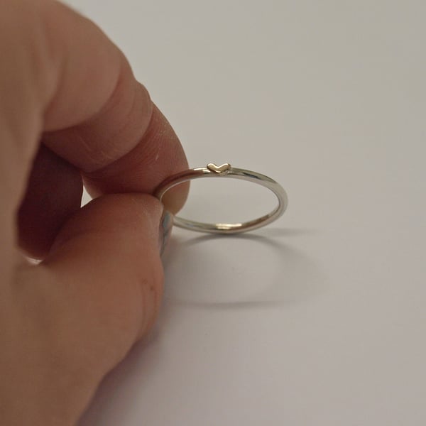Dainty Gold Heart Ring with 1.5mm Sterling Silver Band