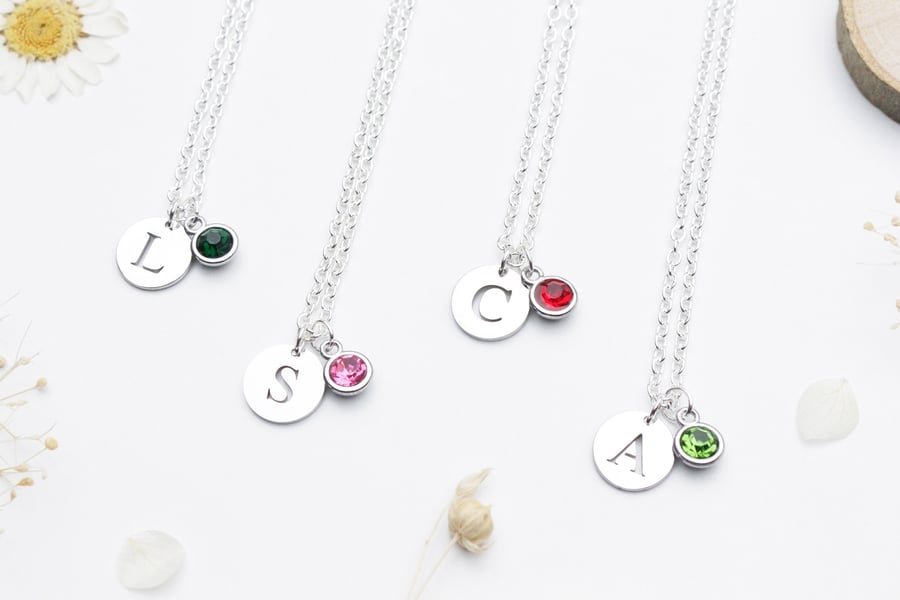 Personalised Initial Letter and Birthstone Necklace - Custom Necklace, Monogram 