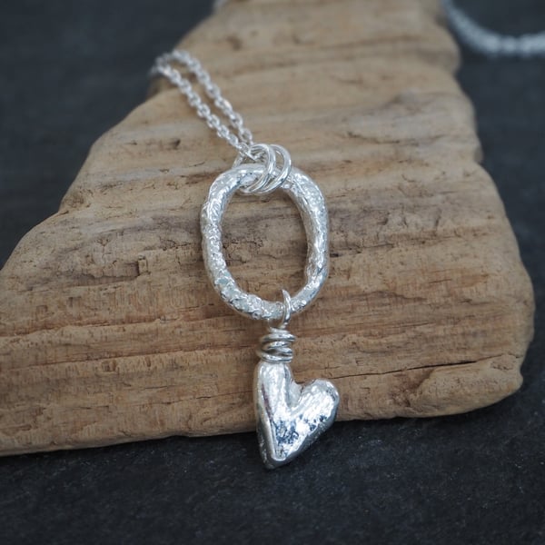 Silver heart drop necklace, molten sterling silver pendant necklace
