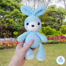 Crochet blue plush bunny soft toy. Rabbit soft toy and boots set. UKCA tested.