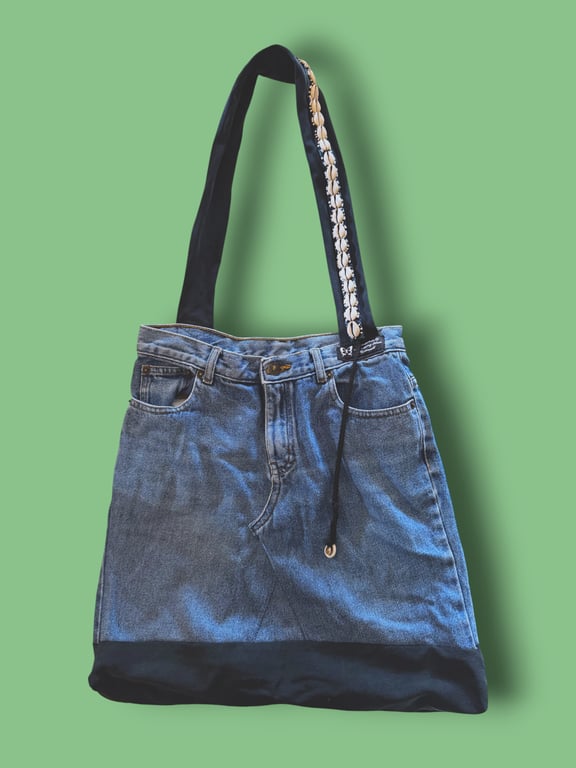 Upcycled Denim & T-Shirt Tote Bag with Shell Belt