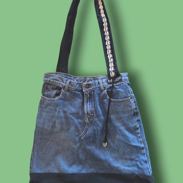 Upcycled Denim & T-Shirt Tote Bag with Shell Belt