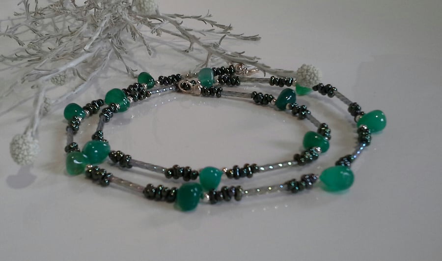 Green Onyx & Peanut Seed Bead Silver Plate Necklace
