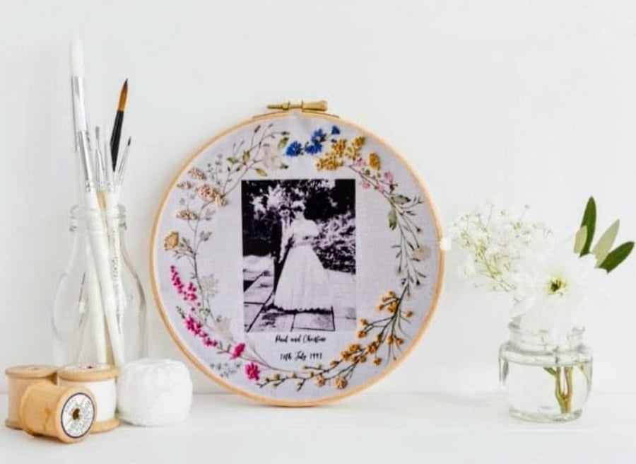 Embroidered Weddng Photograph or Pet, Baby, Family 