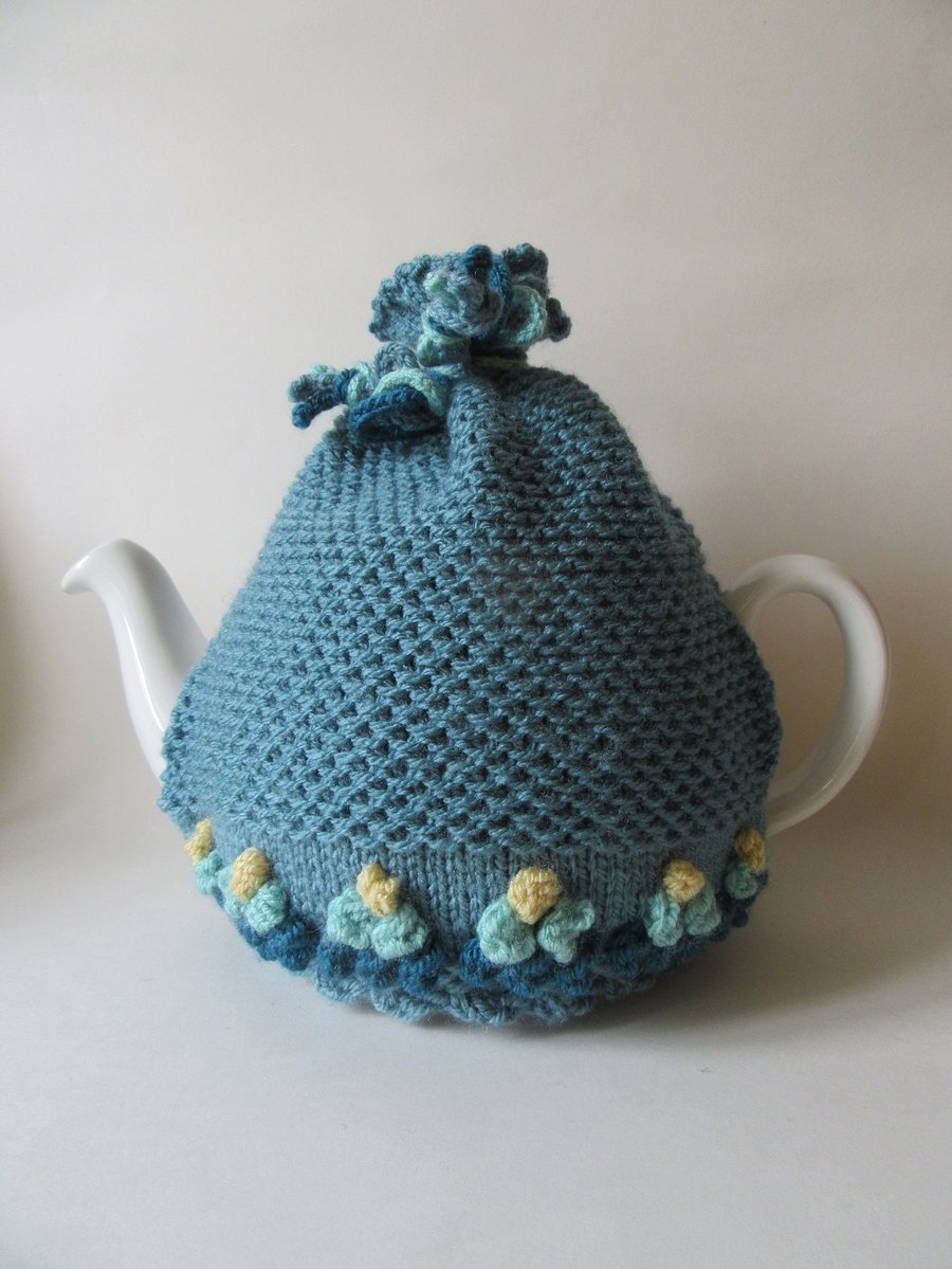 Tea cosie tea cosy - slate blue with multi coloured bobble flowers