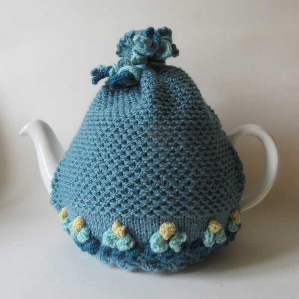 Tea cosie tea cosy - slate blue with multi coloured bobble flowers