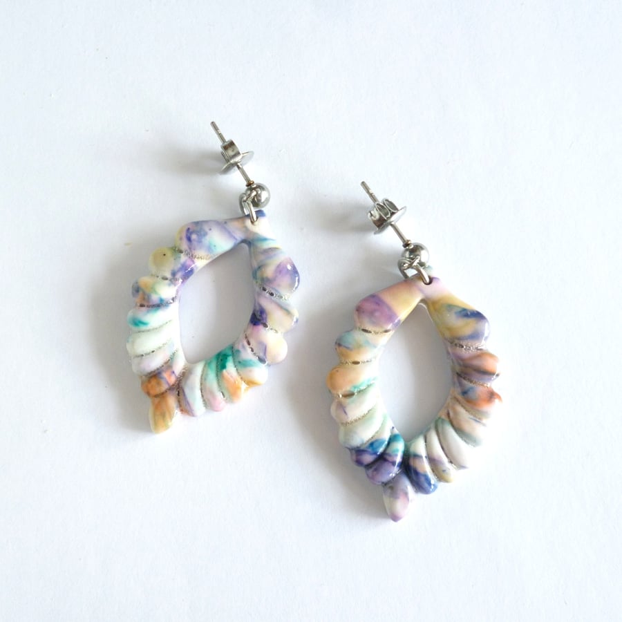 Scalloped Oval Polymer Clay Earrings, Cream Lilac & Peach Pastel Hoops