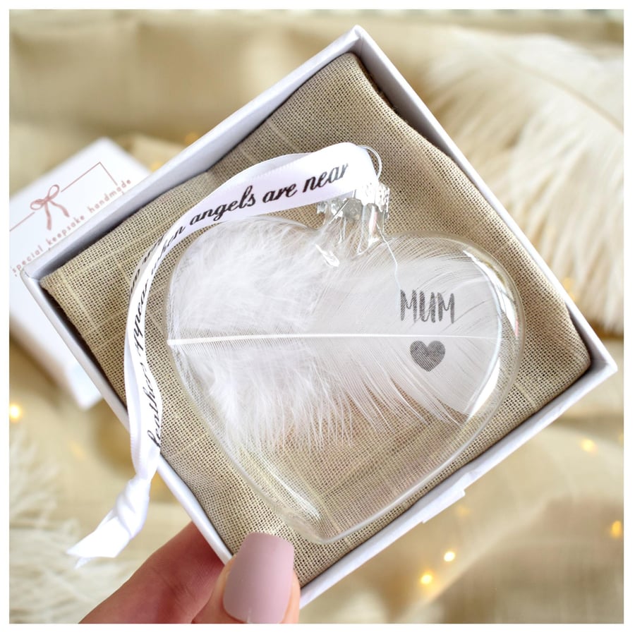 Image of Mum Memorial Feather Bauble, In Memory of Mum, Heart Glass Christmas Ornament, R