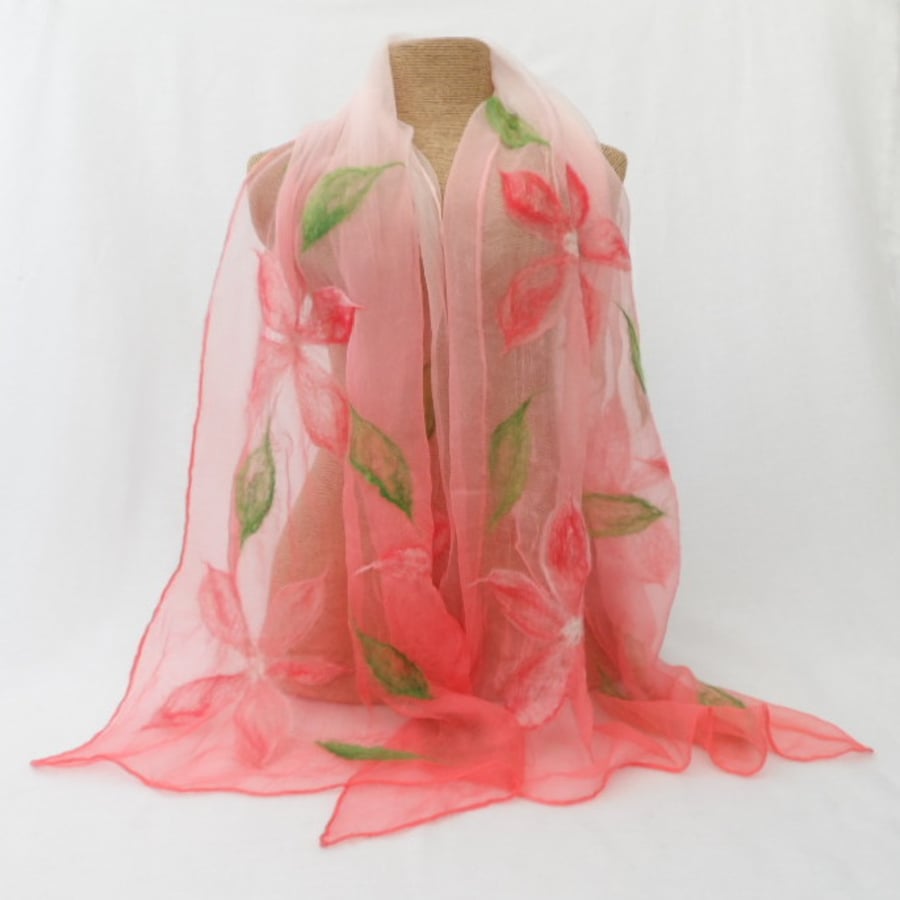 Silk chiffon scarf, nuno felted, coral pink with flower detail