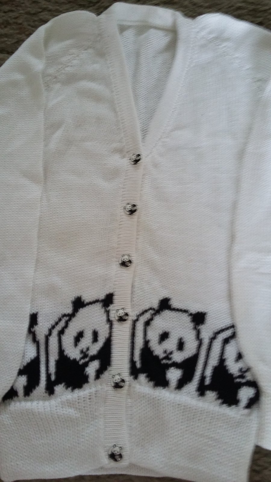 Panda cardigan with panda buttons in white or cream machine wash wool or cotton