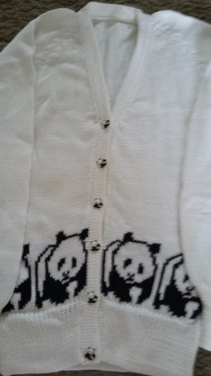 Panda cardigan with panda buttons in white or cream machine wash wool or cotton