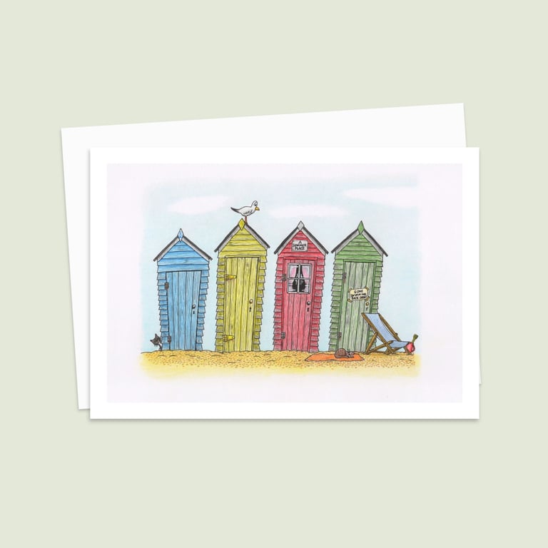 Seaside Beach Huts Greeting Card: Traditional Summer Holiday Illustration (807)