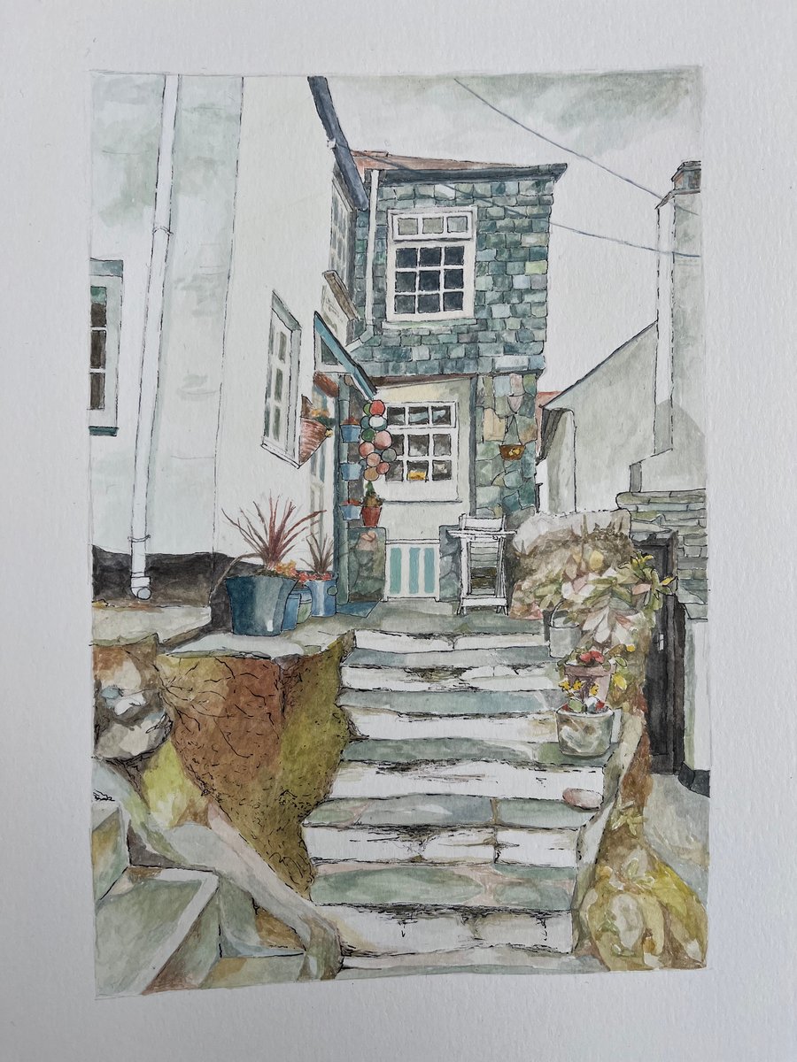 Seaside building original gouache and ink painting 