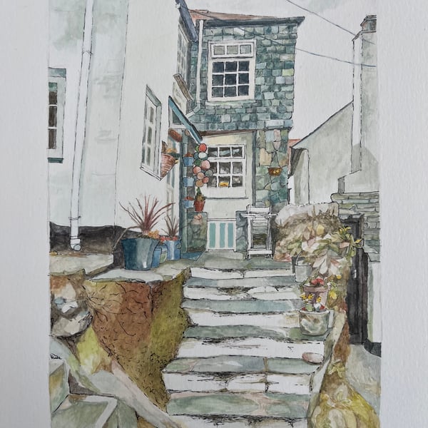 Seaside building original gouache and ink painting 