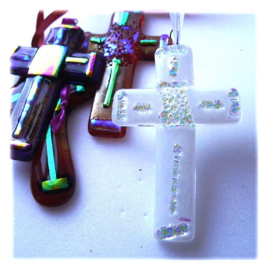 White Fused Glass Cross  Dichroic Suncatcher 008 10cm 