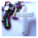 White Fused Glass Cross  Dichroic Suncatcher 008 10cm 