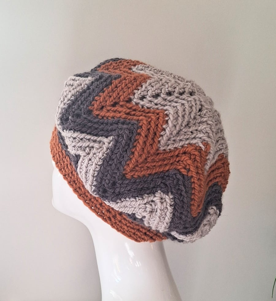 Striped Boho Chevron Crochet Beret in Russet, Fig and Light Grey
