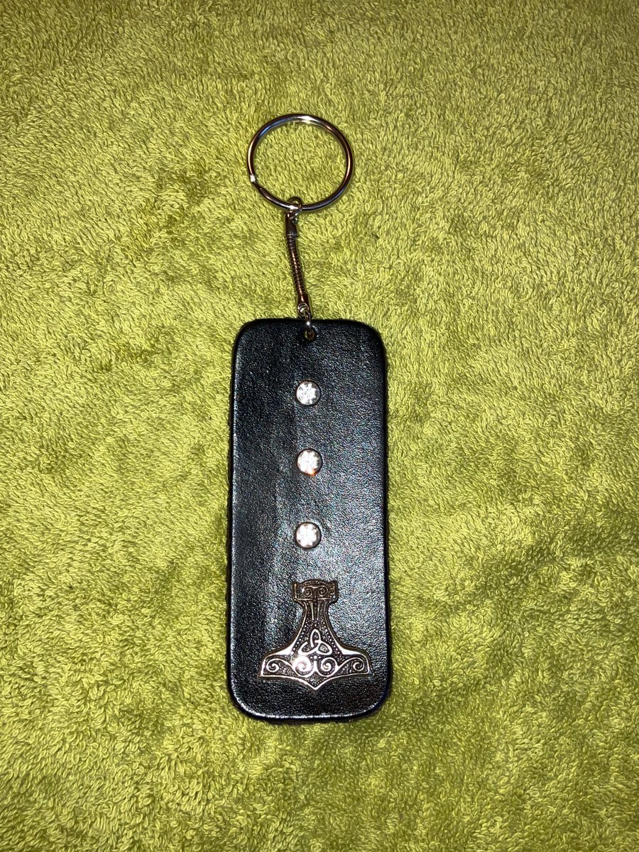 Black dyed Leather Keyring with 3 Clear Gemstones & Mjolnir design FREE SHIPPING
