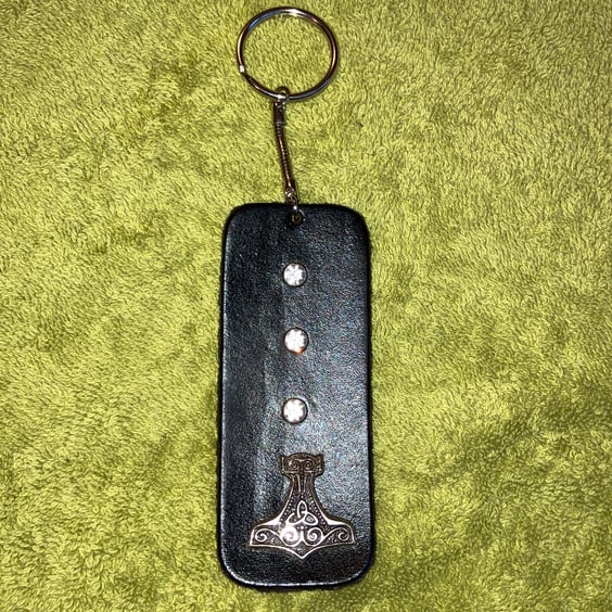 Black dyed Leather Keyring with 3 Clear Gemstones & Mjolnir design FREE SHIPPING