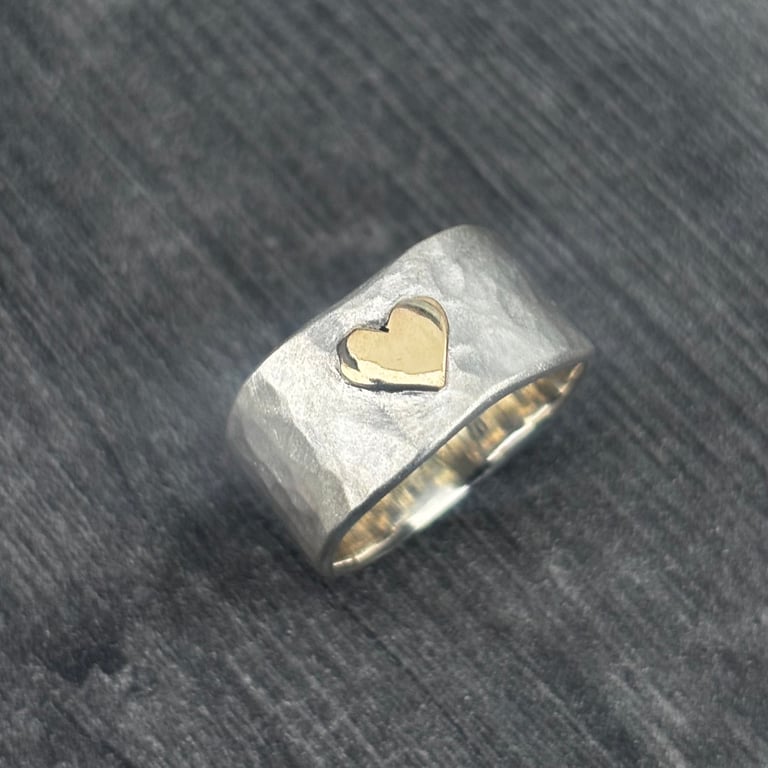 Chunky Hammered Silver Ring with gold heart ring