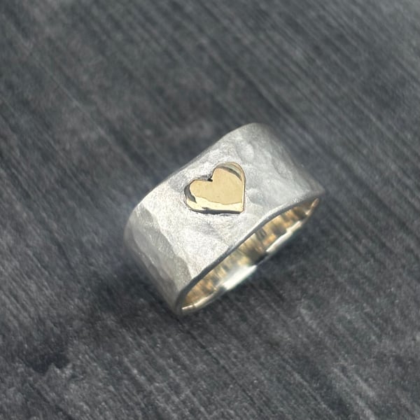 Chunky Hammered Silver Ring with gold heart ring